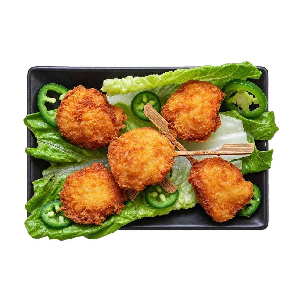 Five deep fried shrimp pops on lettuce
