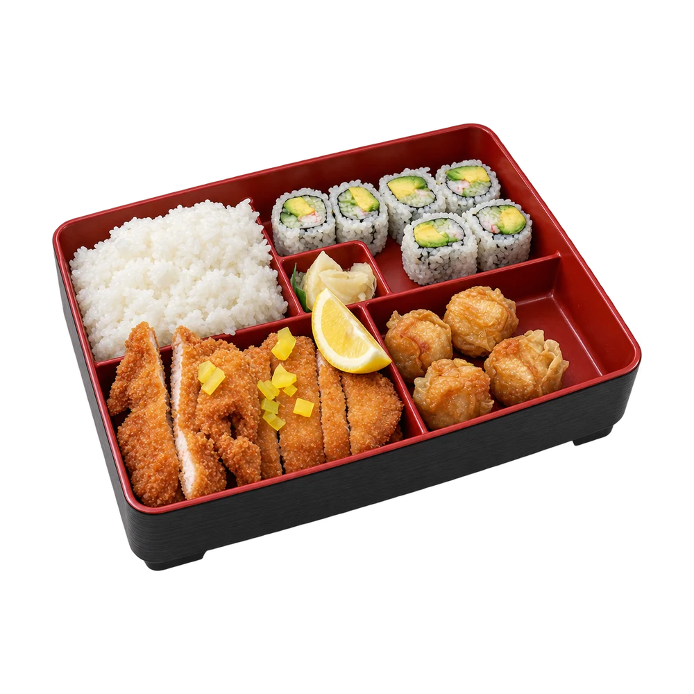 Katsu bento box with rice, California roll and shumai