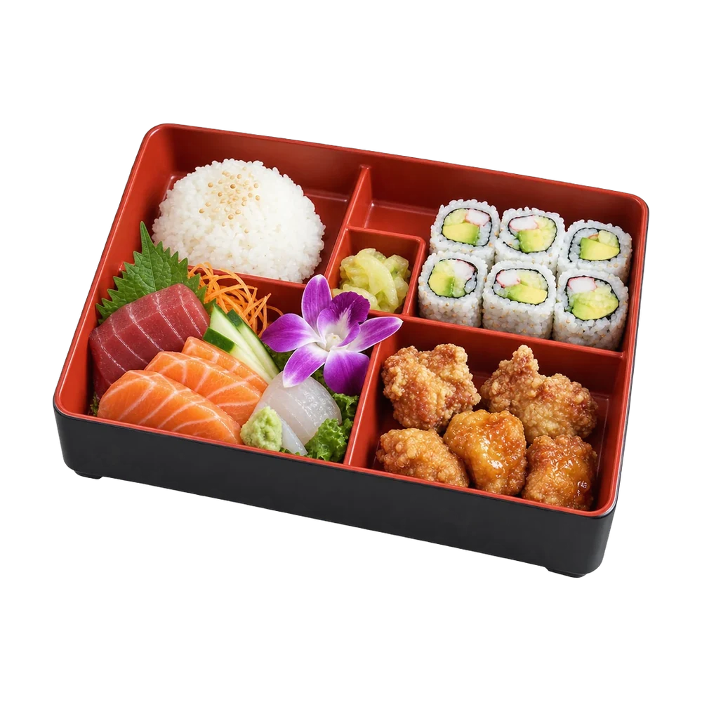 Sashimi bento box with tuna, salmon and white fish sashimi, rice, California rolls and fried chicken