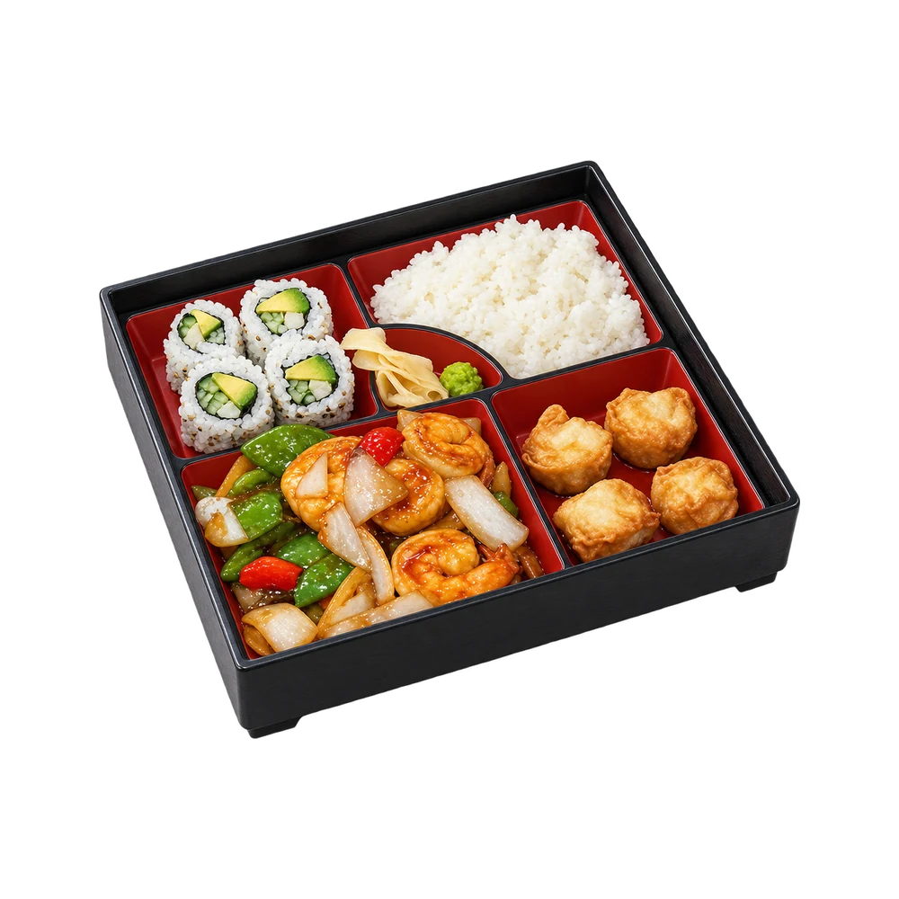 Shrimp teriyaki bento box with sushi rolls, rice and shumai