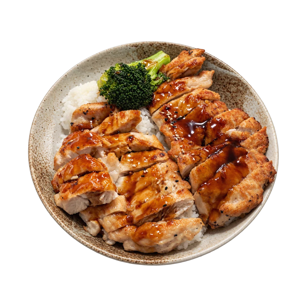 Grilled chicken teriyaki over white rice with broccoli
