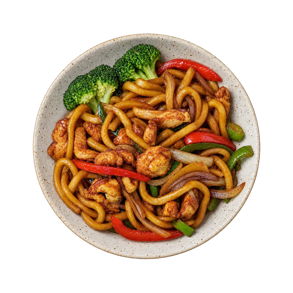 Chicken yaki udon with bell pepper, onion and broccoli