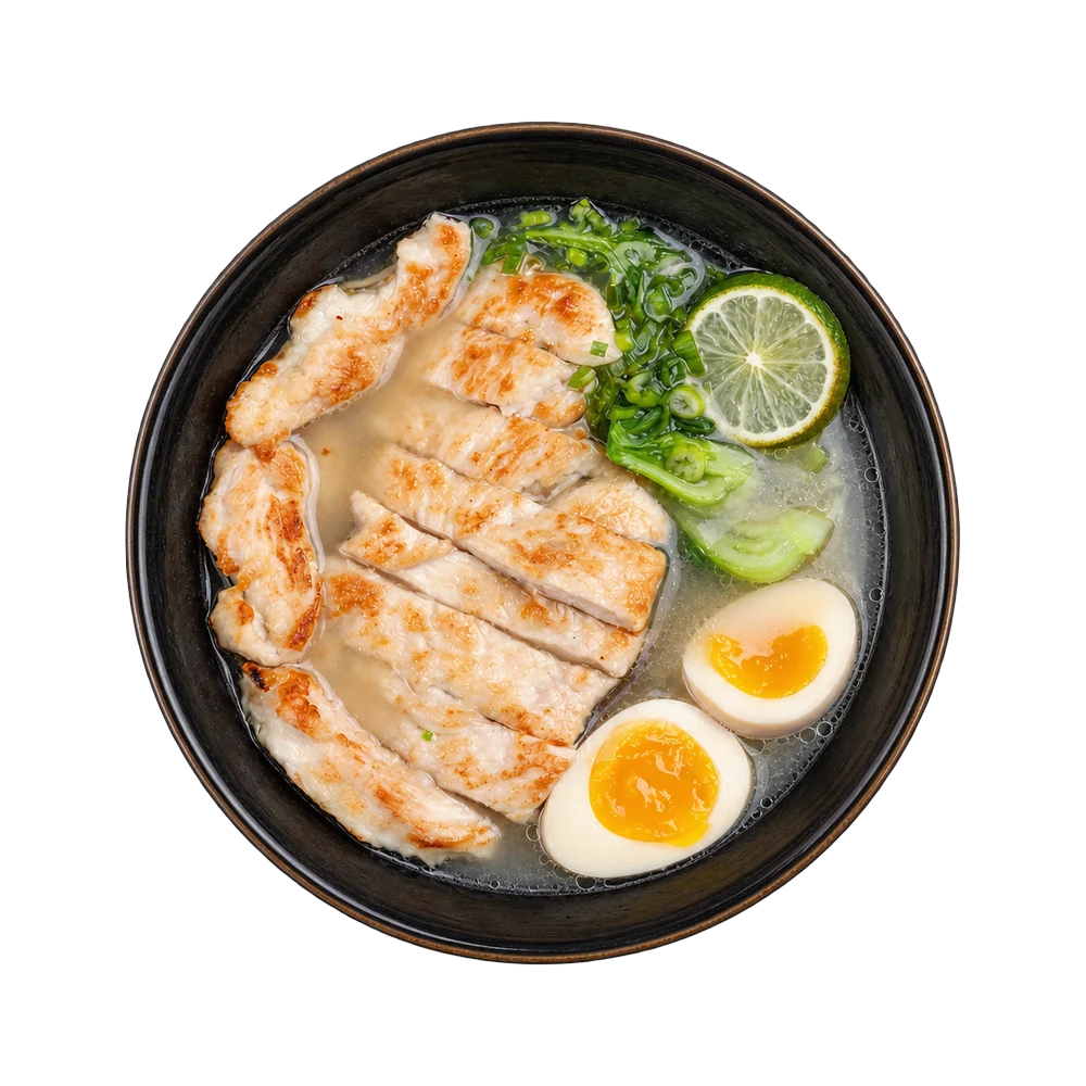 Grilled chicken yuzu ramen with soft eggs, lime and bok choy in a black bowl
