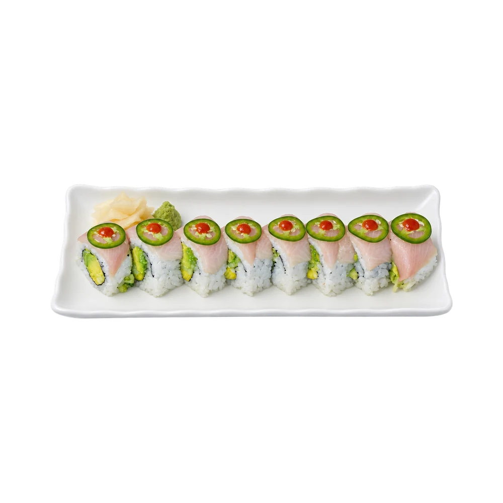 Crazy Yellowtail Roll topped with yellowtail, jalapeño slices and chili sauce