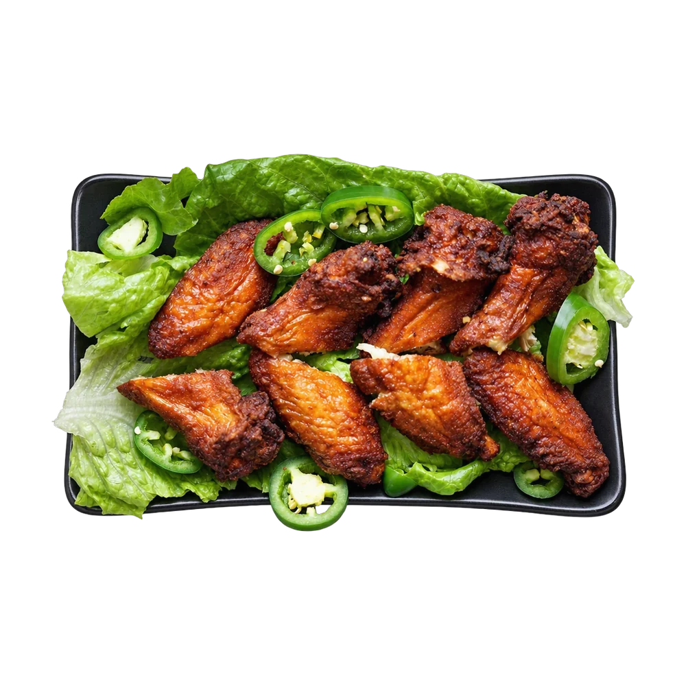 Crispy chicken wings on lettuce with jalapeño
