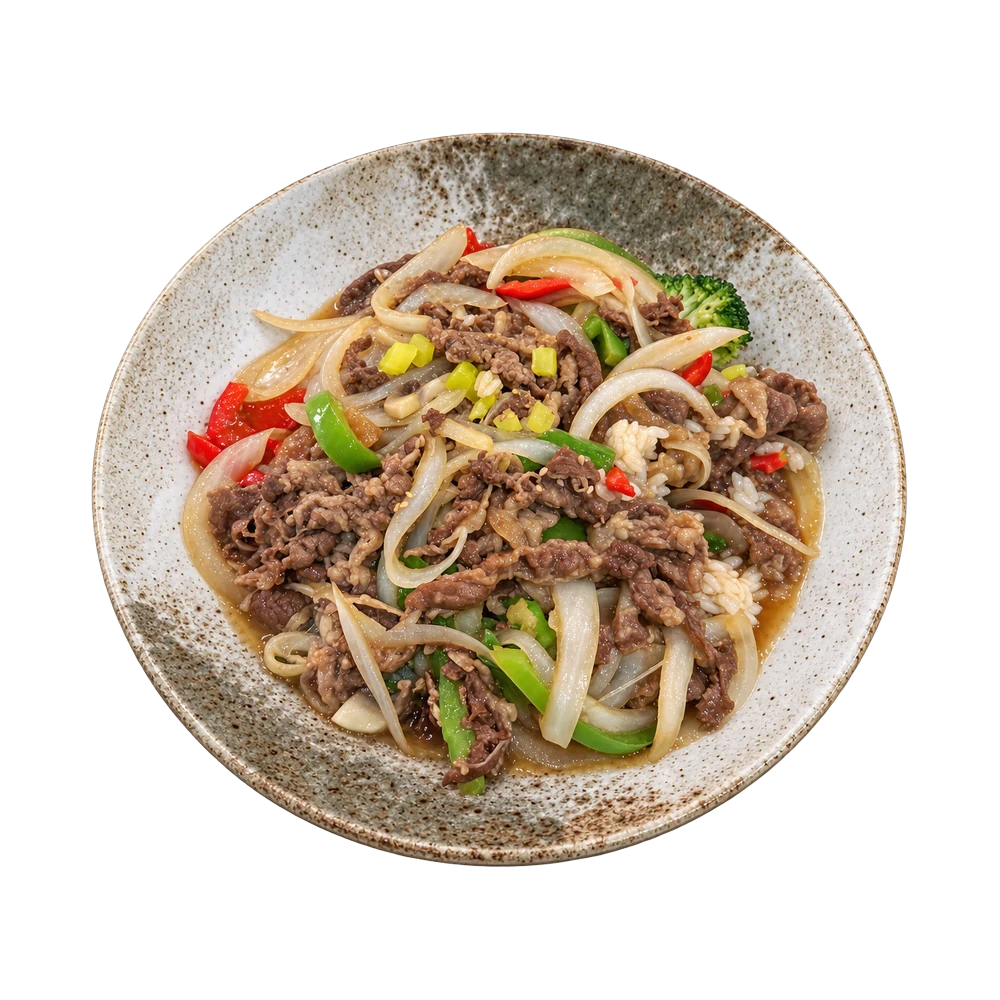 Marinated sliced beef with bell peppers and onions over rice