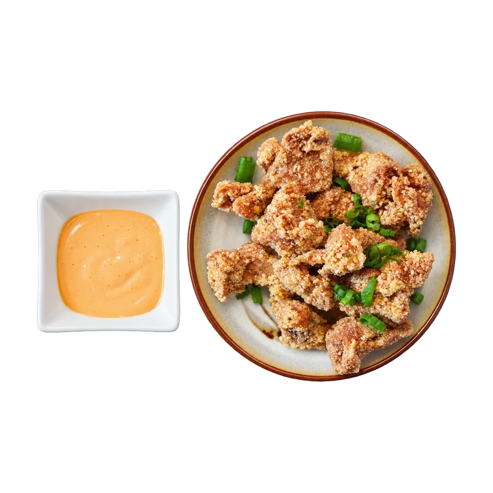 Karaage fried chicken with sesame seeds and spicy mayo dip
