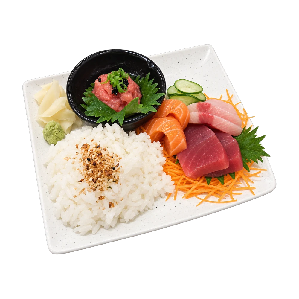 Sashimi plate with sushi rice, tuna tartare, salmon, yellowtail and tuna