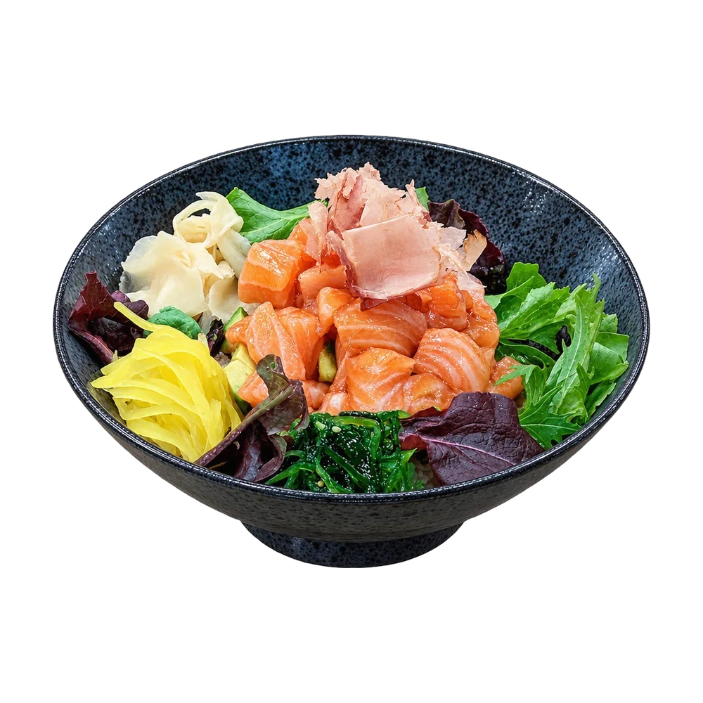 Salmon don with bonito flakes and greens