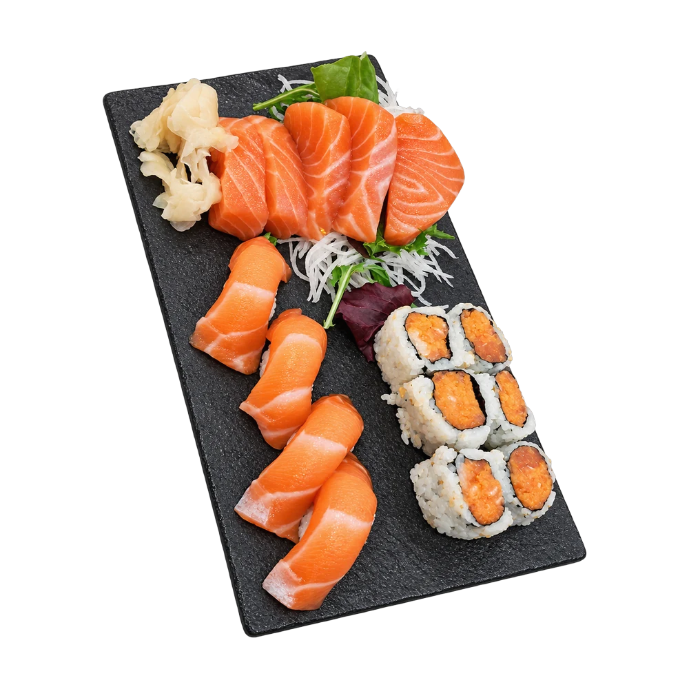 Salmon sushi, sashimi and a spicy salmon roll on a black tray