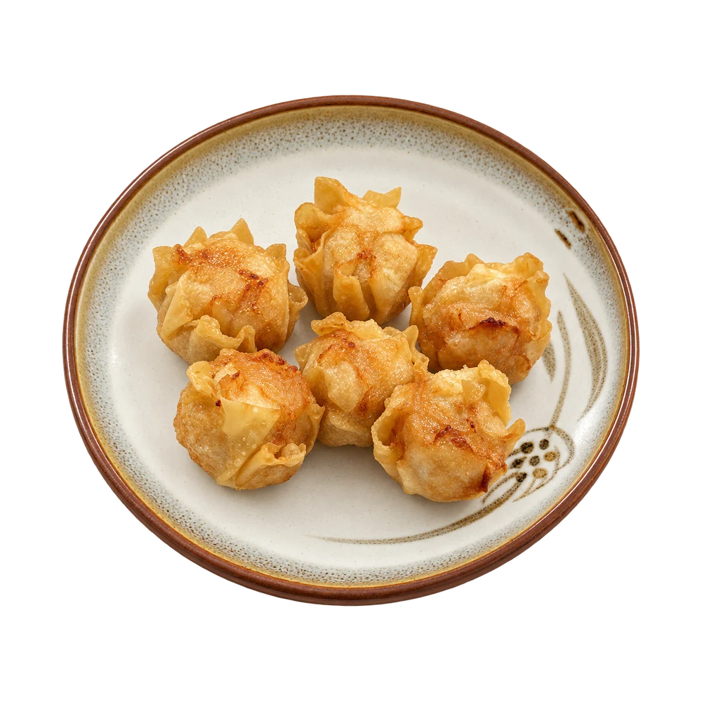 Six fried shrimp shumai on a stoneware plate