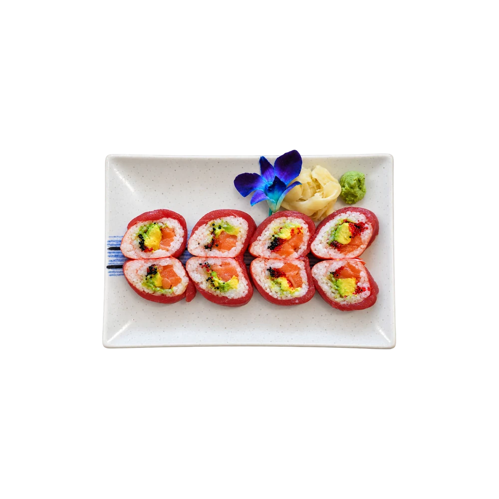 Sweetheart Roll: heart-shaped pieces wrapped in tuna with salmon, avocado and tobiko