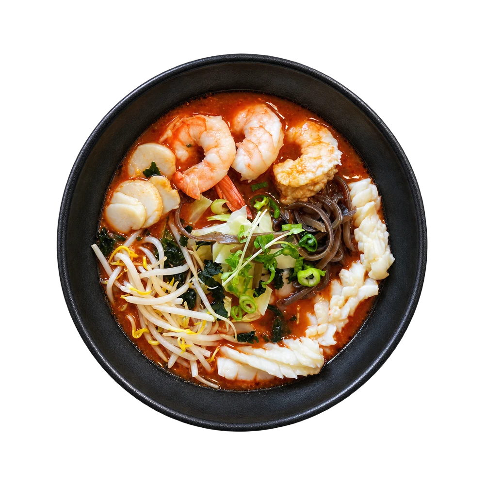 Tomato seafood ramen with shrimp, squid, scallops and bean sprouts