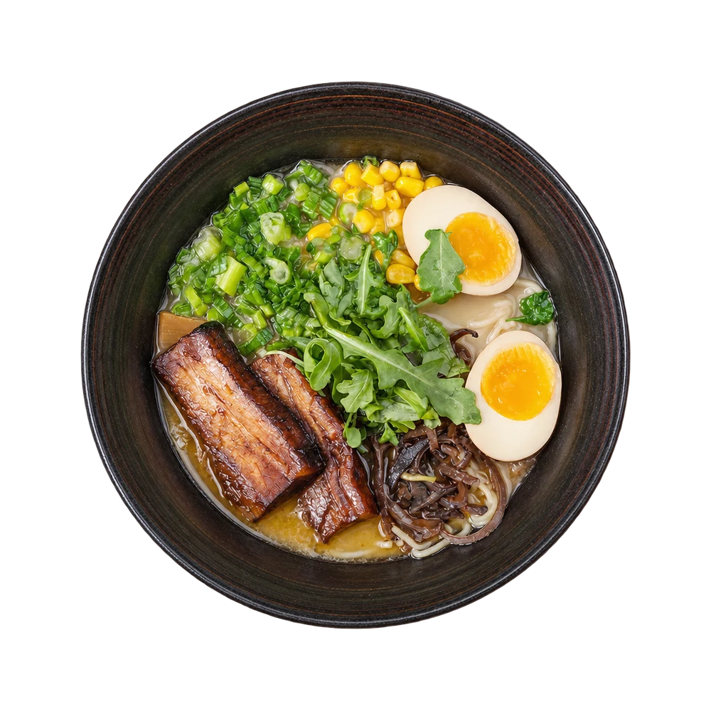 Tonkotsu ramen with braised pork belly, soft eggs, corn and arugula in a black bowl