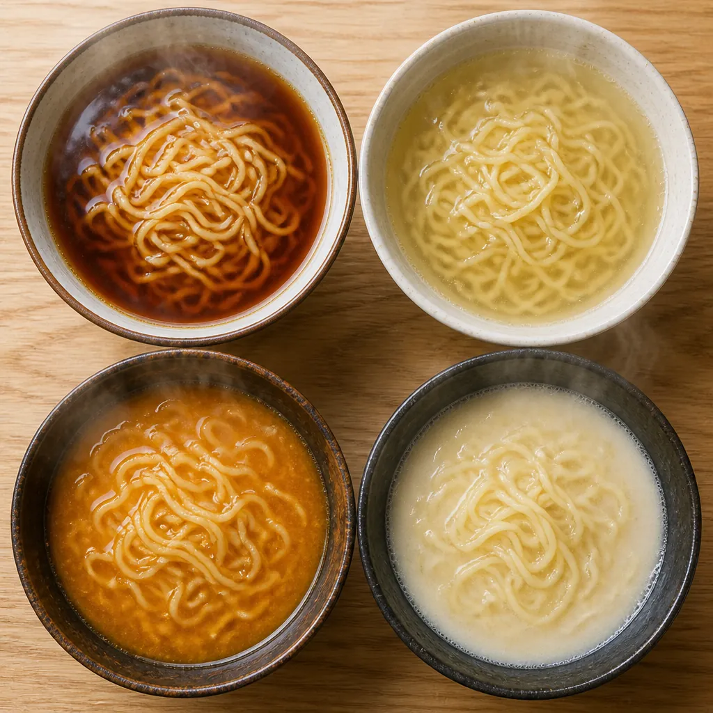 Four different ramen broths displayed in bowls showing distinct colors and textures