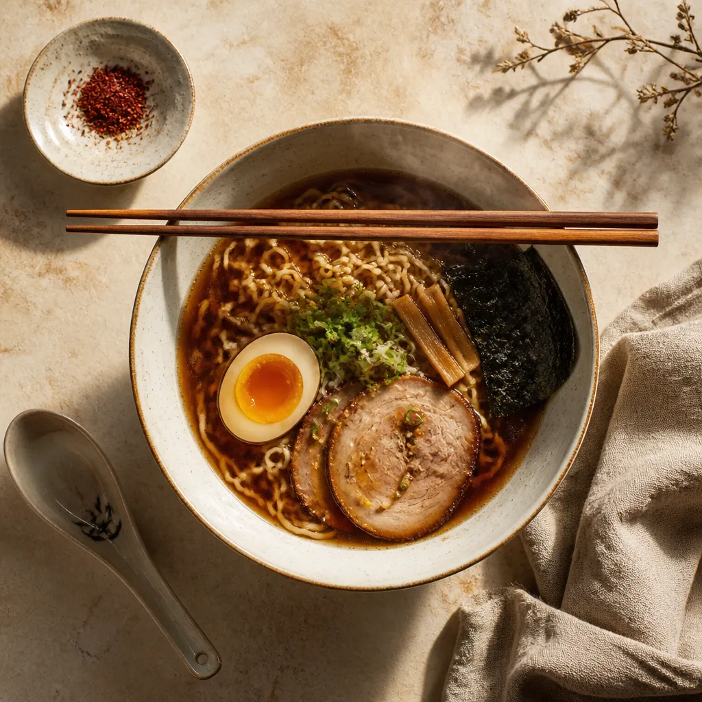 Wooden chopsticks resting on a bowl of steaming ramen with broth