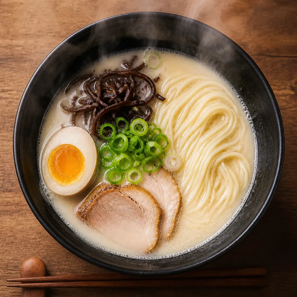 A bowl of rich tonkotsu ramen with creamy broth and traditional toppings