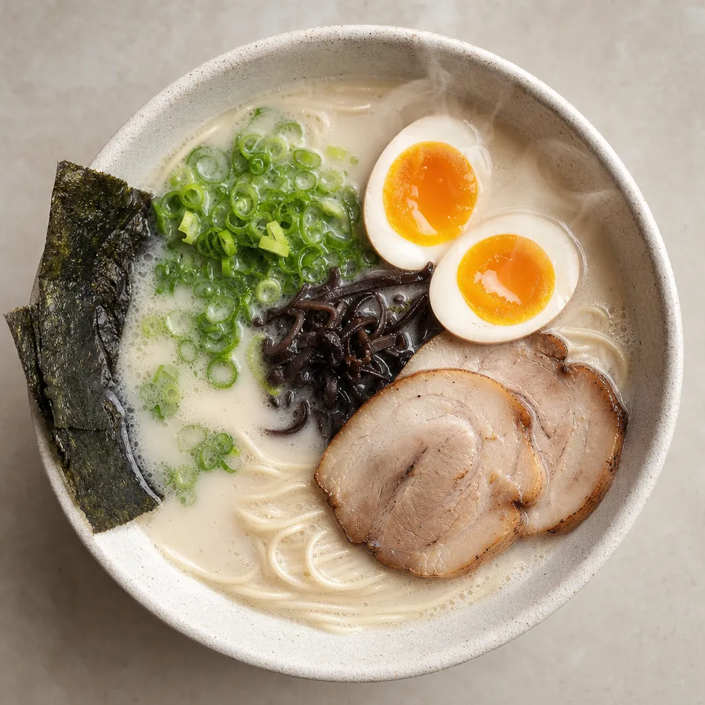Authentic tonkotsu ramen bowl with creamy broth and fresh toppings