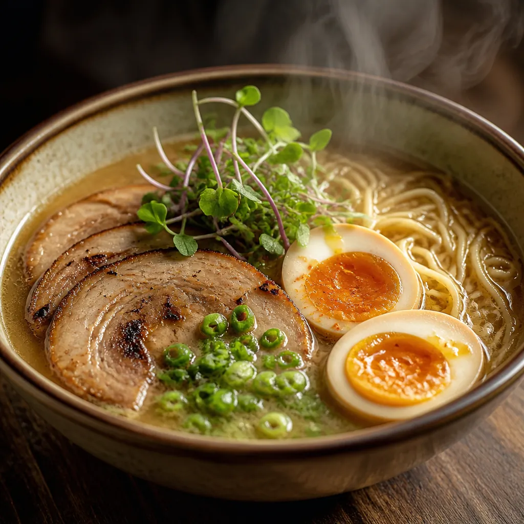 A perfectly crafted bowl of authentic ramen with golden broth, tender chashu, soft-boiled egg, and fresh toppings, steam rising elegantly