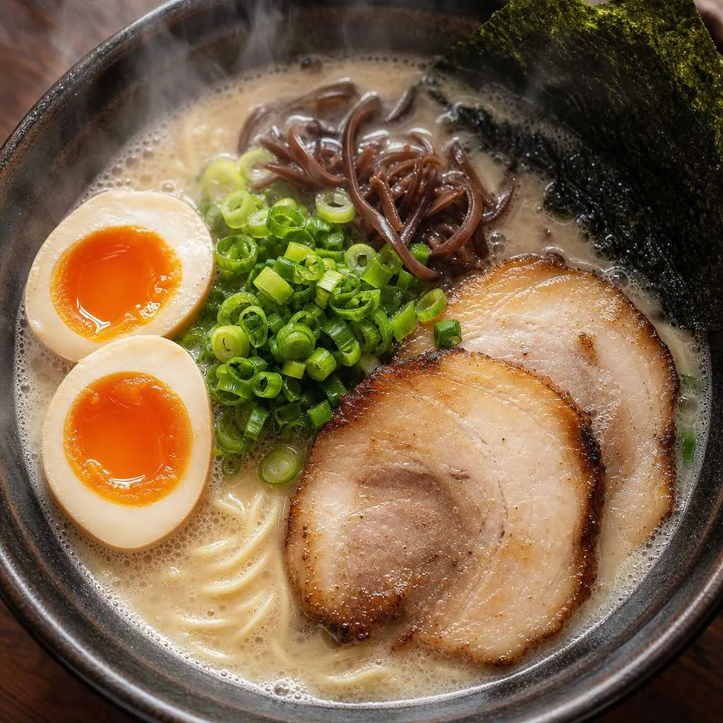 "tonkotsu ramen broth close up", "different ramen bowls comparison Midtown NYC restaurant"