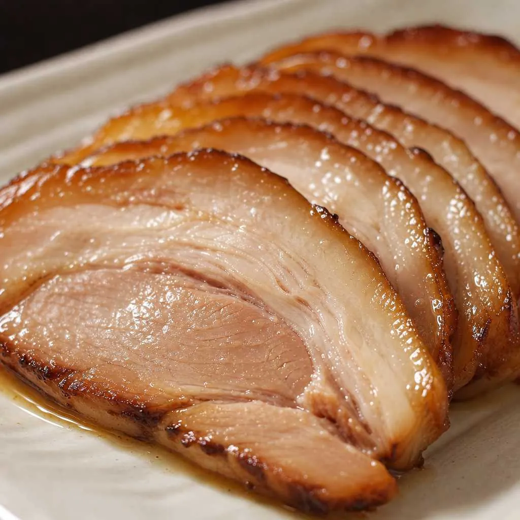 Perfectly sliced chashu pork with caramelized edges on a white plate