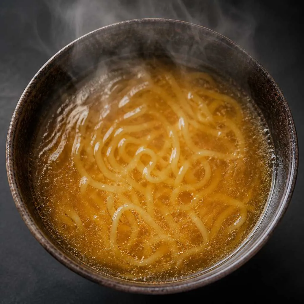 Steaming bowl of golden dashi broth with rising steam