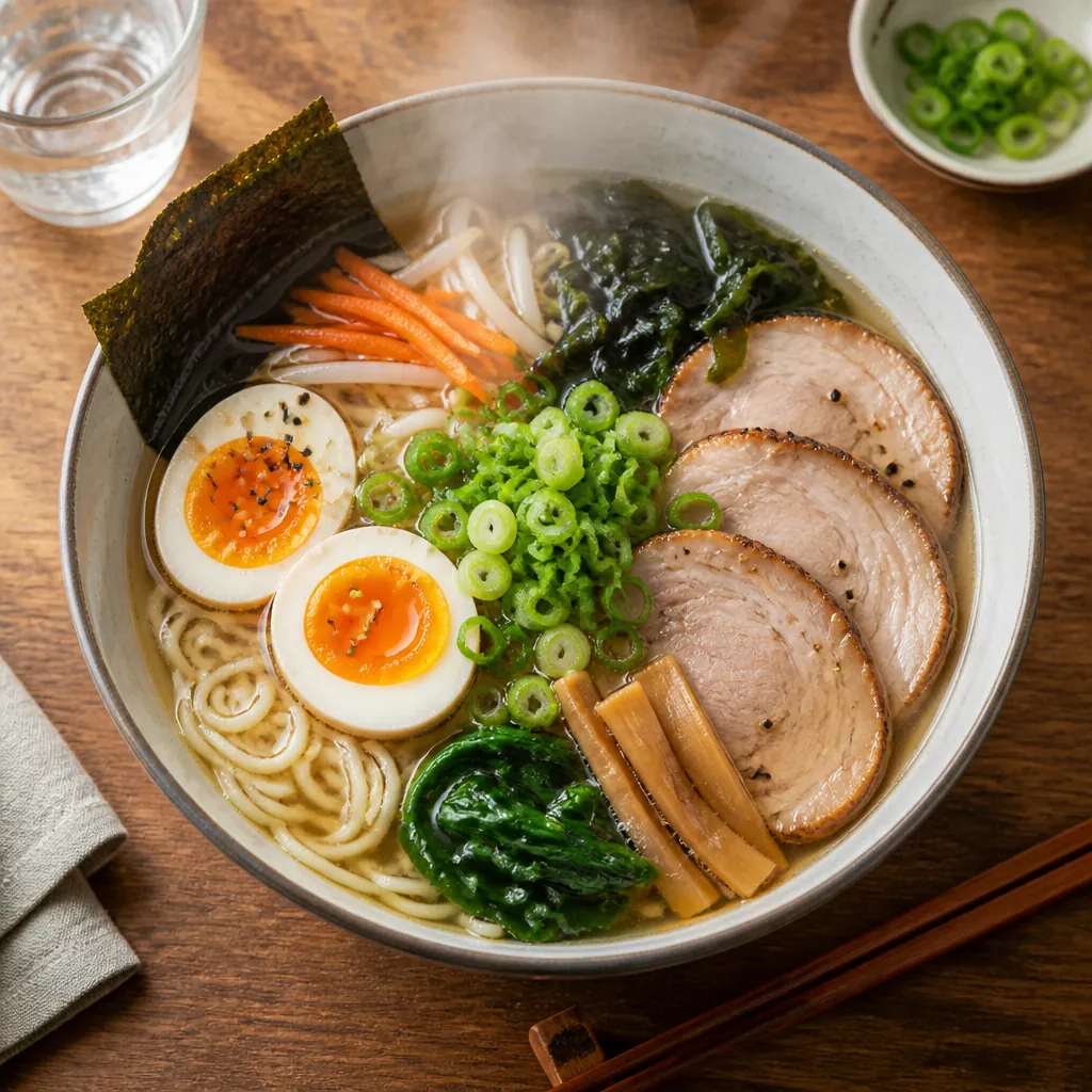 Overhead view of a colorful ramen bowl with broth, noodles, and fresh toppings on a wooden table