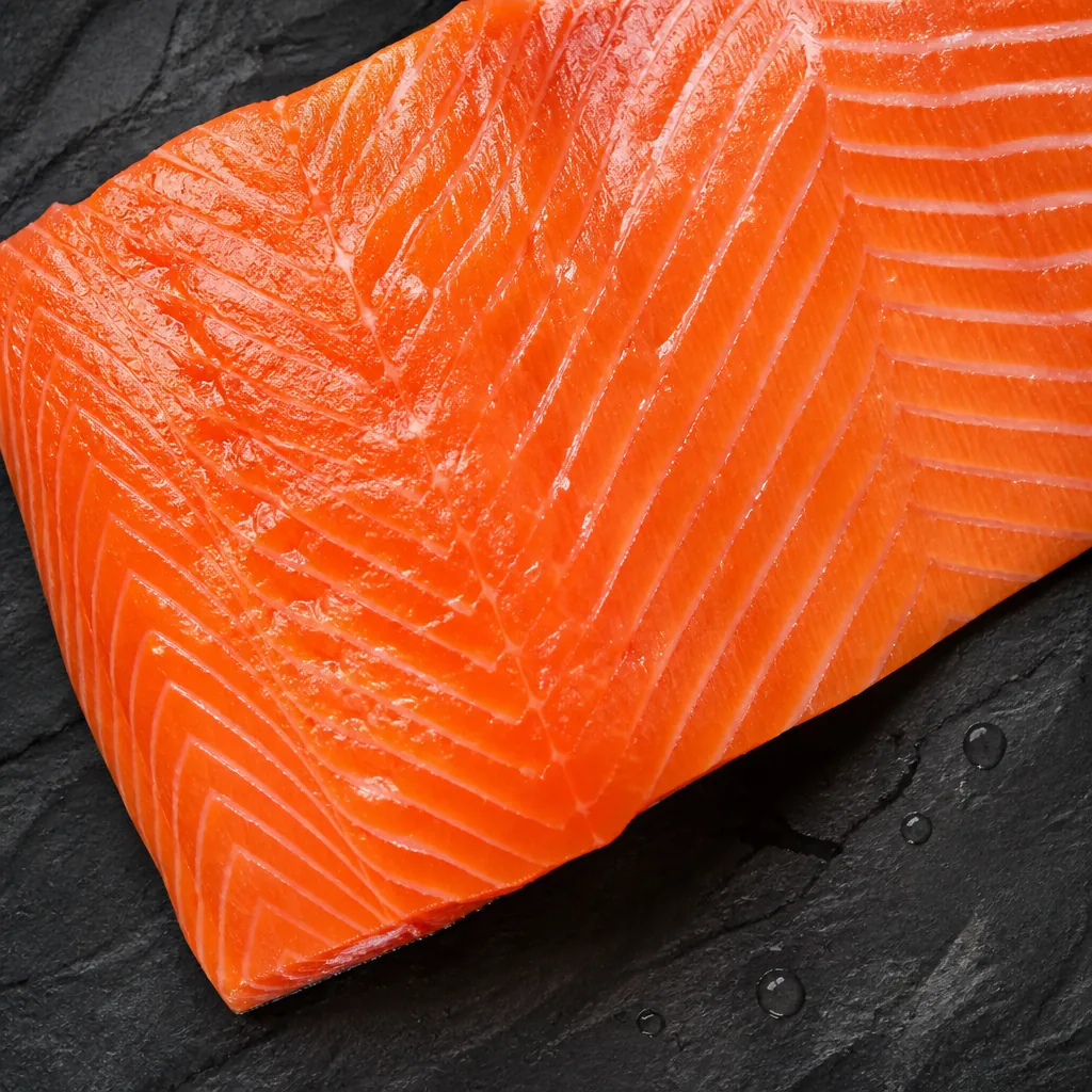 Close-up of fresh sushi-grade salmon showing translucent, glistening flesh texture