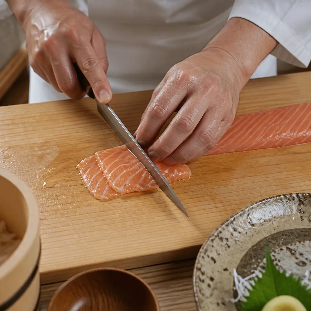Sushi chef's hands slicing fresh salmon with precision on a wooden board
