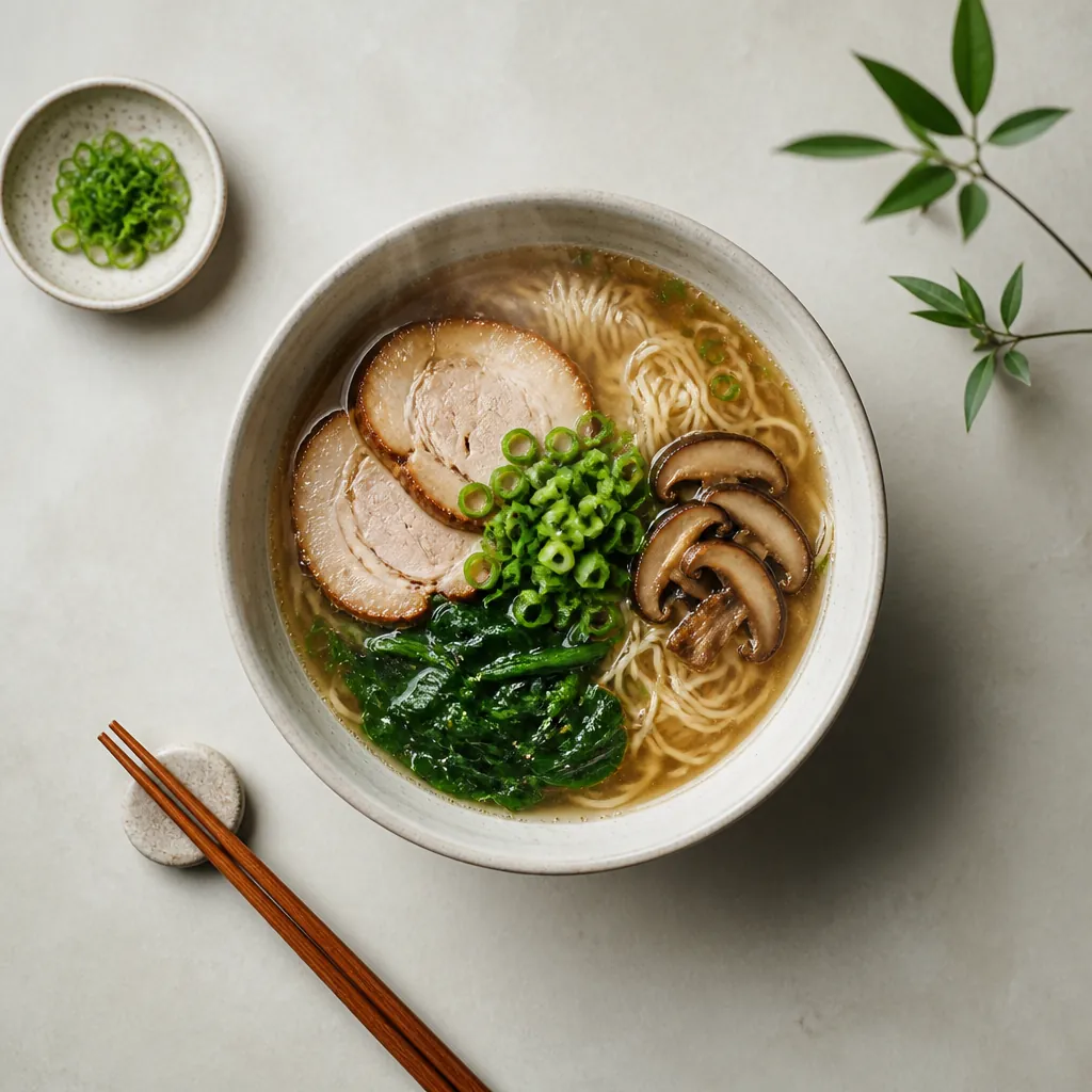 Overhead view of a steaming ramen bowl with clear broth, noodles, and fresh vegetables