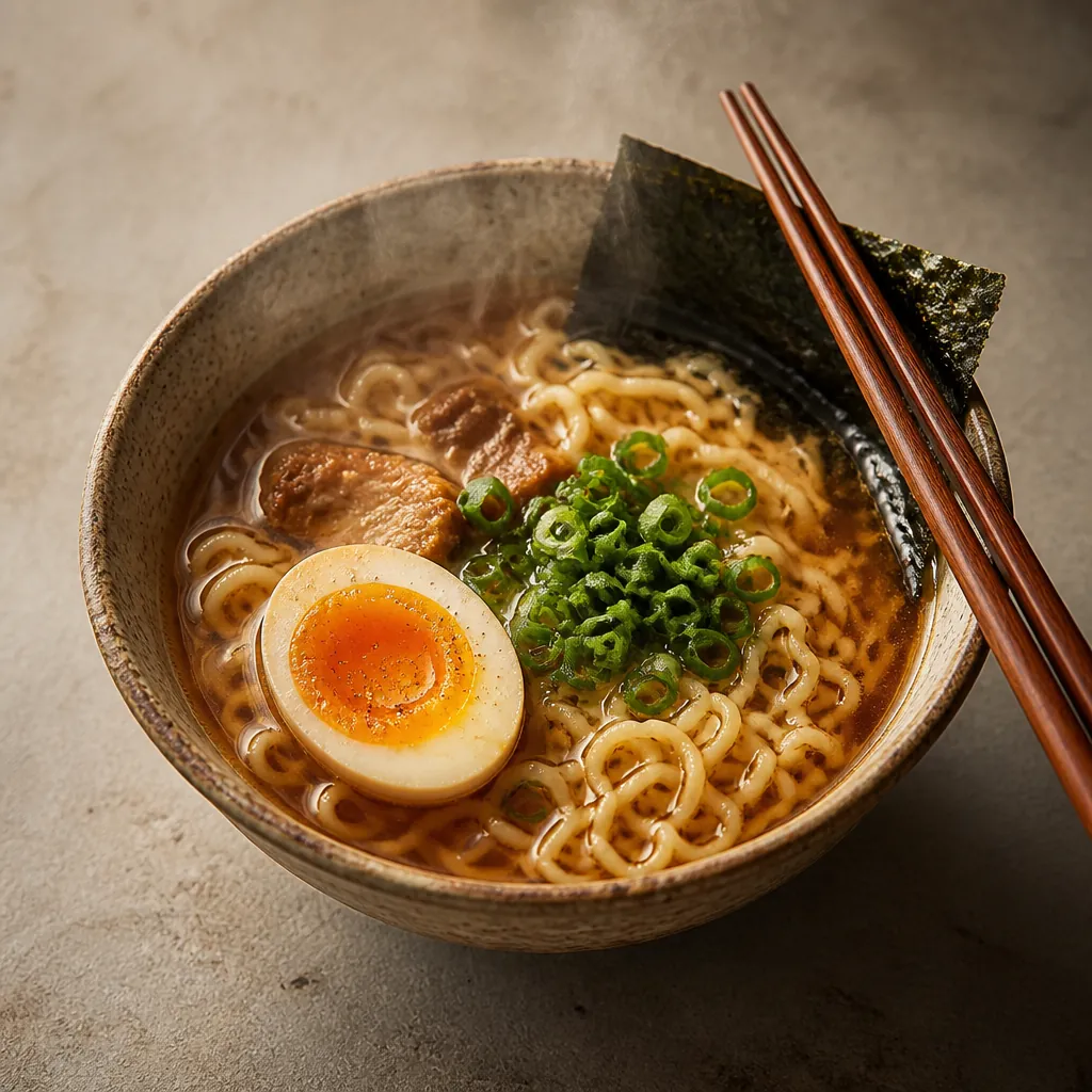 A bowl of steaming ramen with traditional toppings and chopsticks, photographed from above