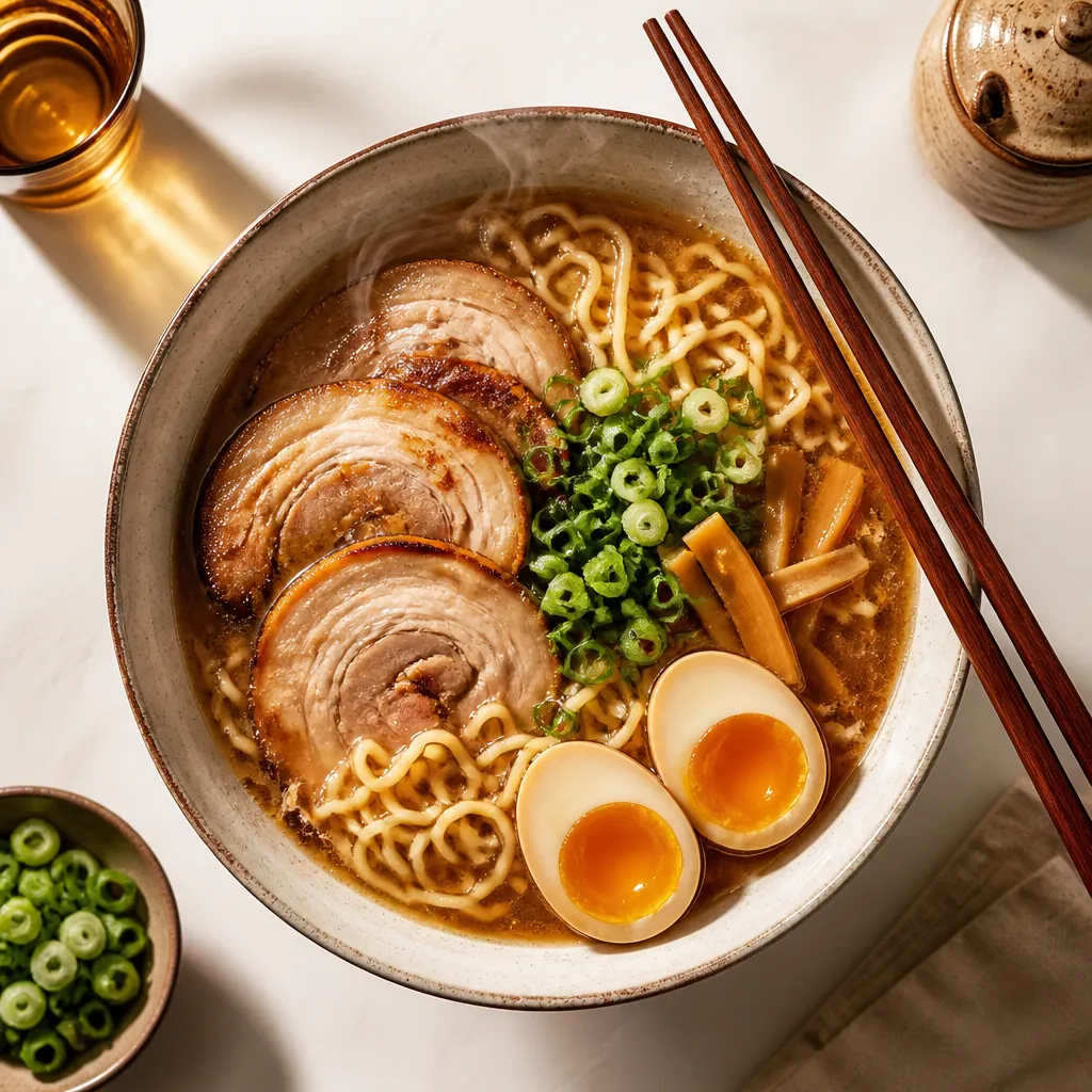 Traditional ramen bowl with noodles, broth, and toppings photographed from above