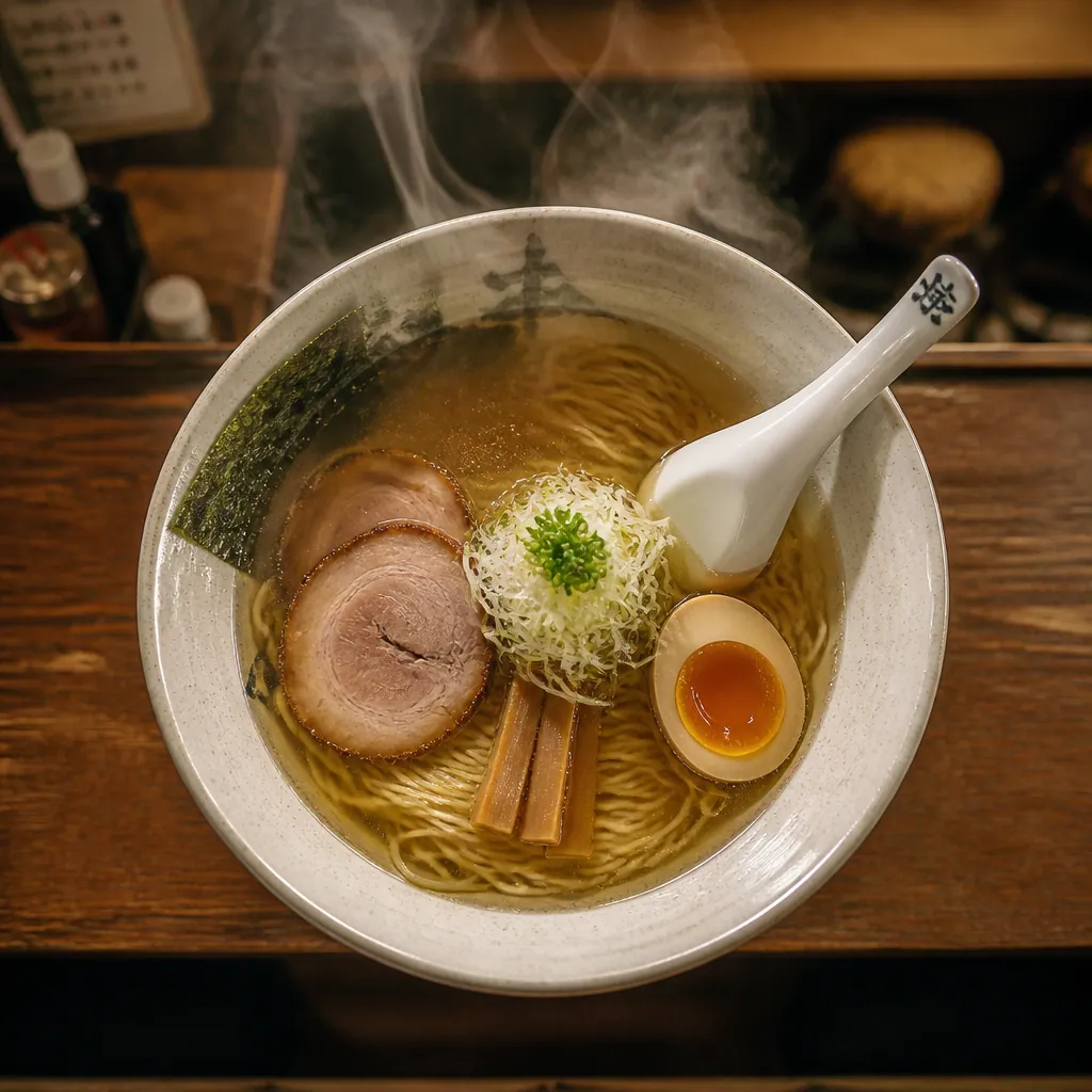 Traditional ramen bowl with steaming broth and noodles, renge spoon visible on the rim