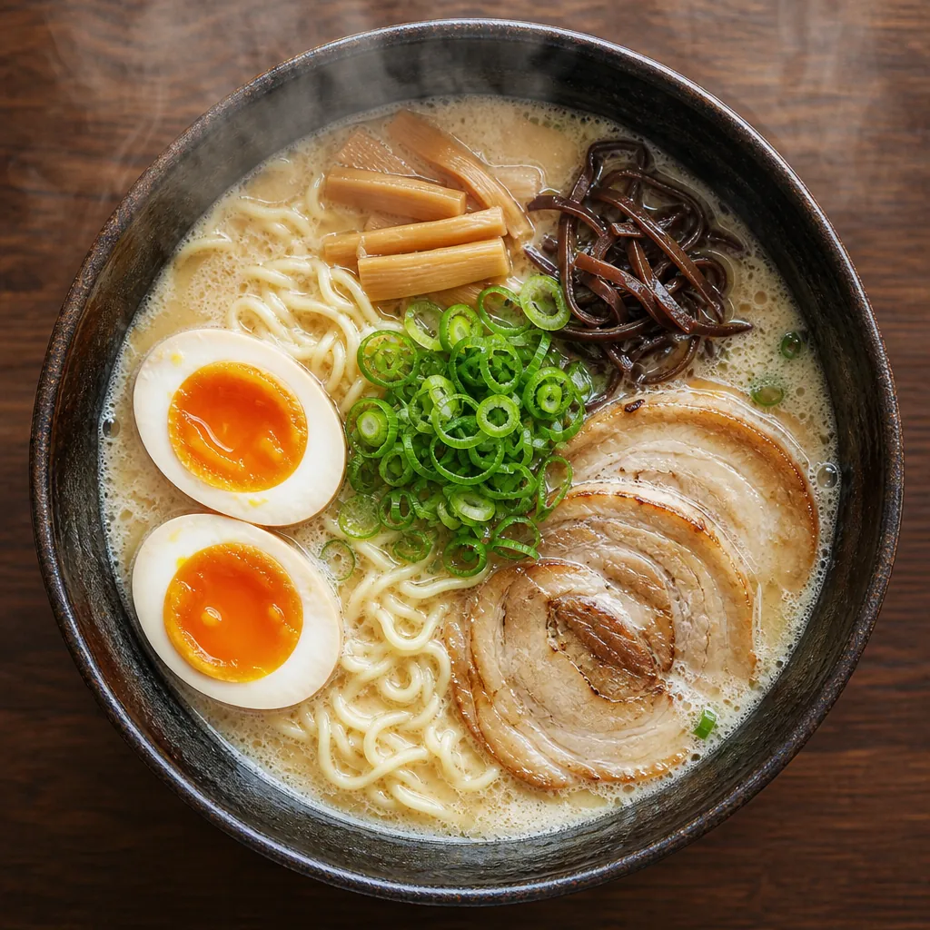 Overhead view of a steaming bowl of tonkotsu ramen with traditional toppings