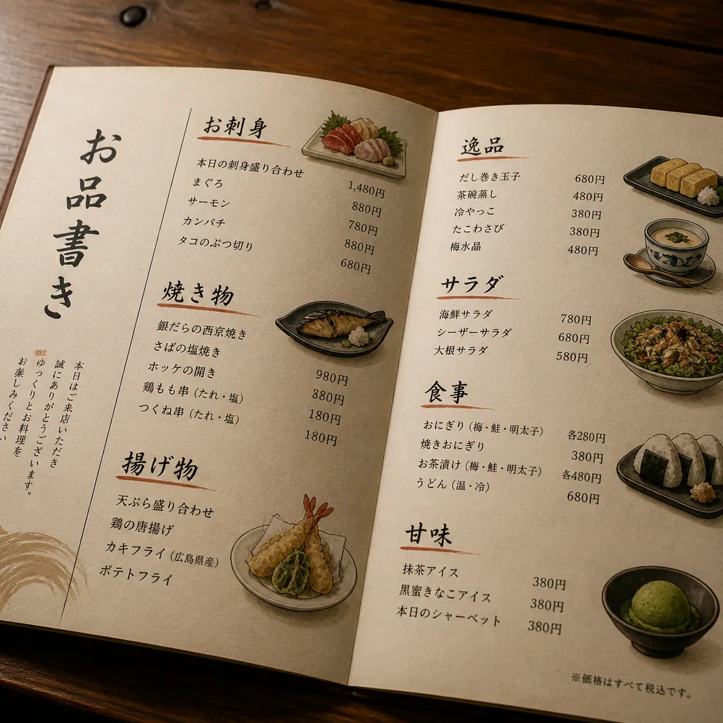 Open Japanese restaurant menu showing kanji characters and organized sections