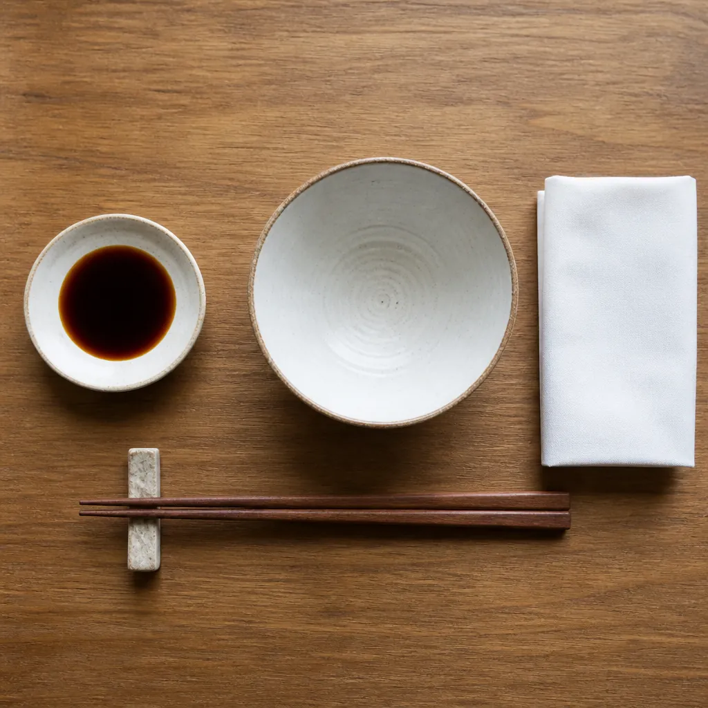 Japanese dining table setting with chopsticks, soy sauce dish, and ceramic bowl