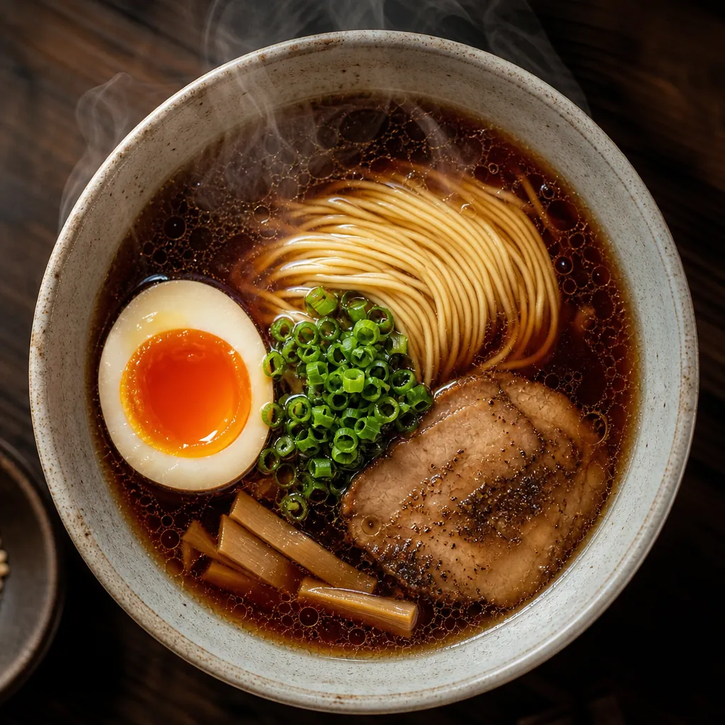 Steaming bowl of ramen with noodles, egg, and broth in warm lighting