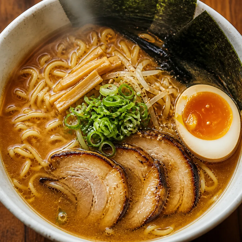 Steaming bowl of miso ramen with rich amber broth, curled noodles, and traditional toppings in ceramic bowl