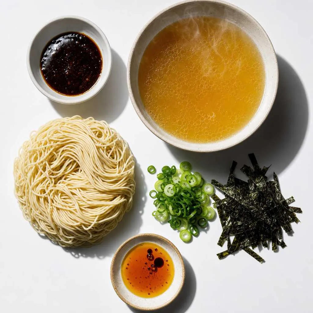 Ramen bowl components laid out separately showing tare, broth, noodles, and garnishes