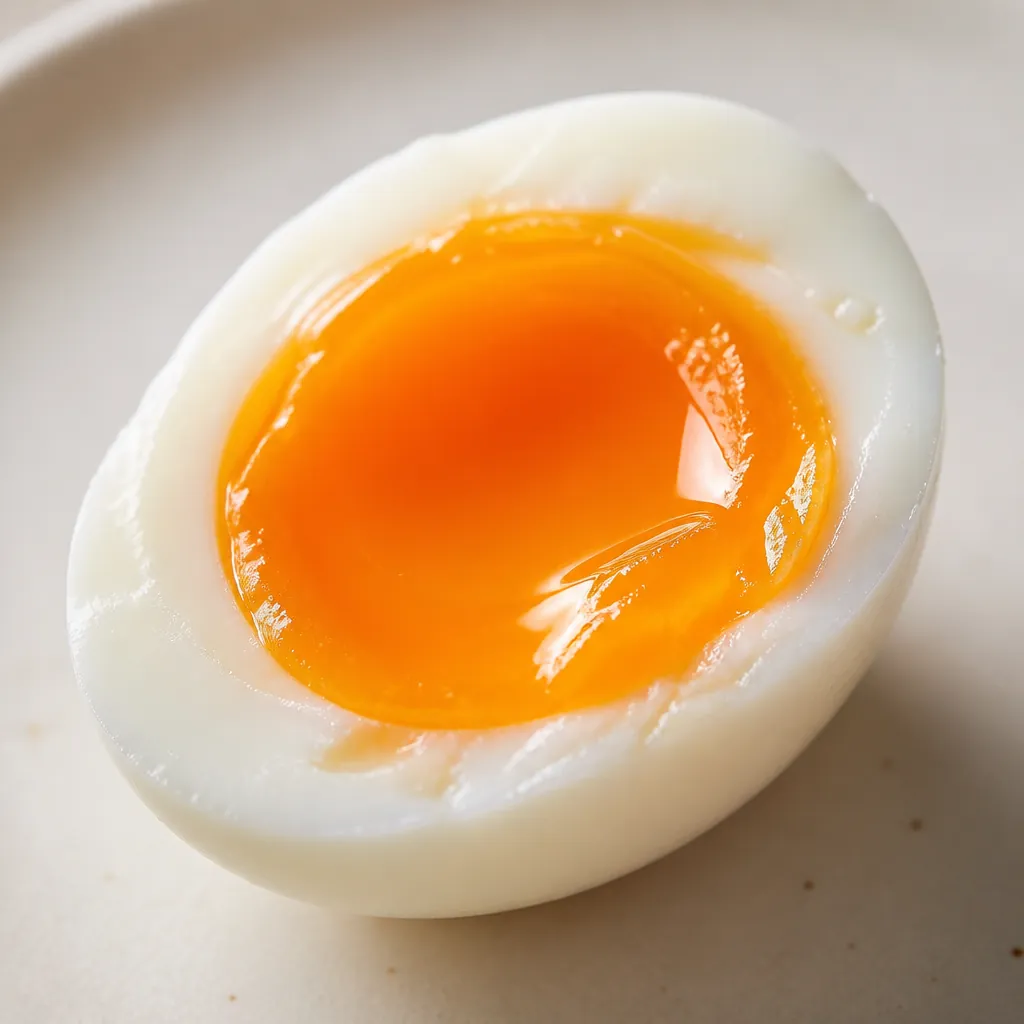 Close-up of a halved ajitsuke tamago showing jammy yolk with amber edges