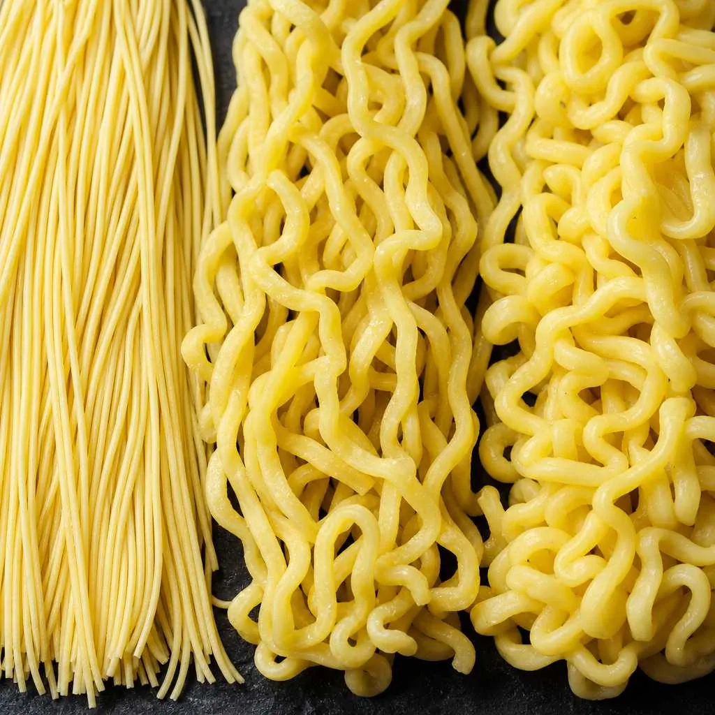 Three types of ramen noodles displaying varying thickness, straightness, and wave patterns