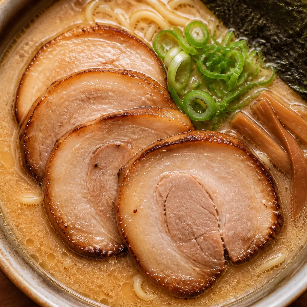 Sliced chashu pork arranged on top of steaming ramen broth