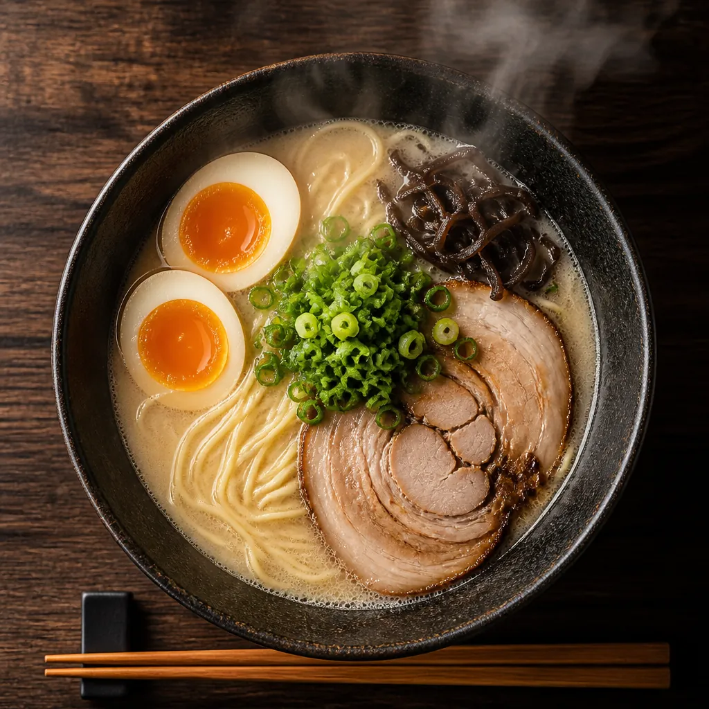Steaming bowl of tonkotsu ramen with soft-boiled egg and green onions