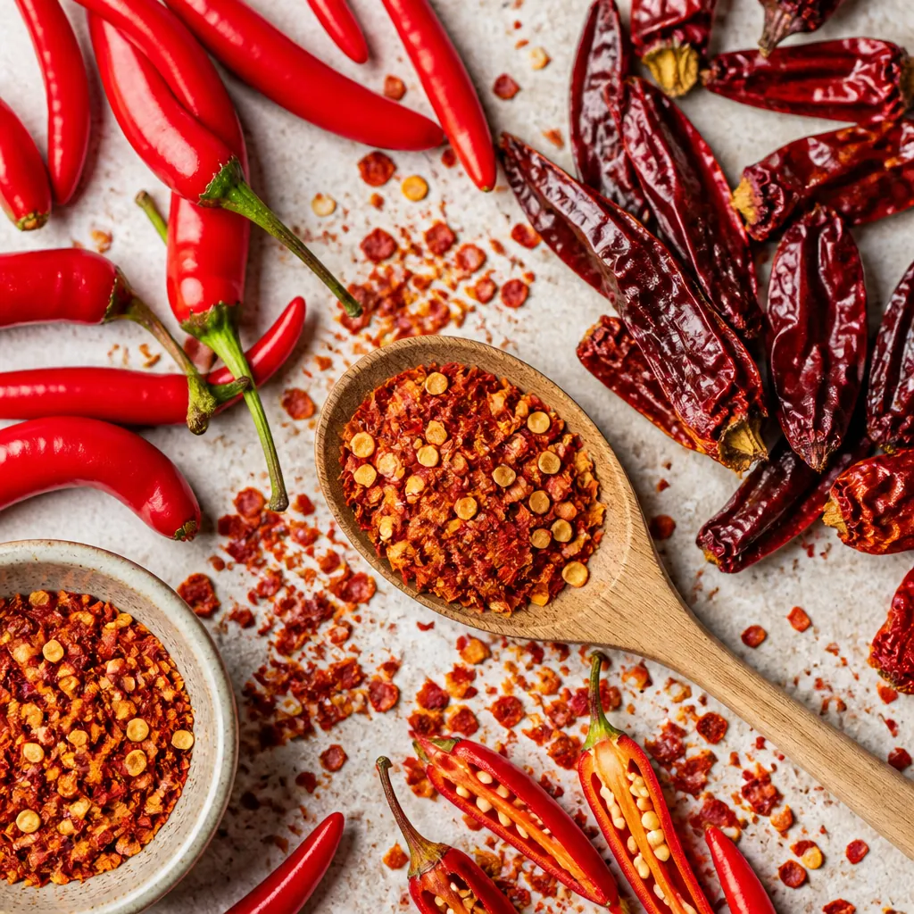 Close-up of red chili peppers and spice flakes on a neutral surface
