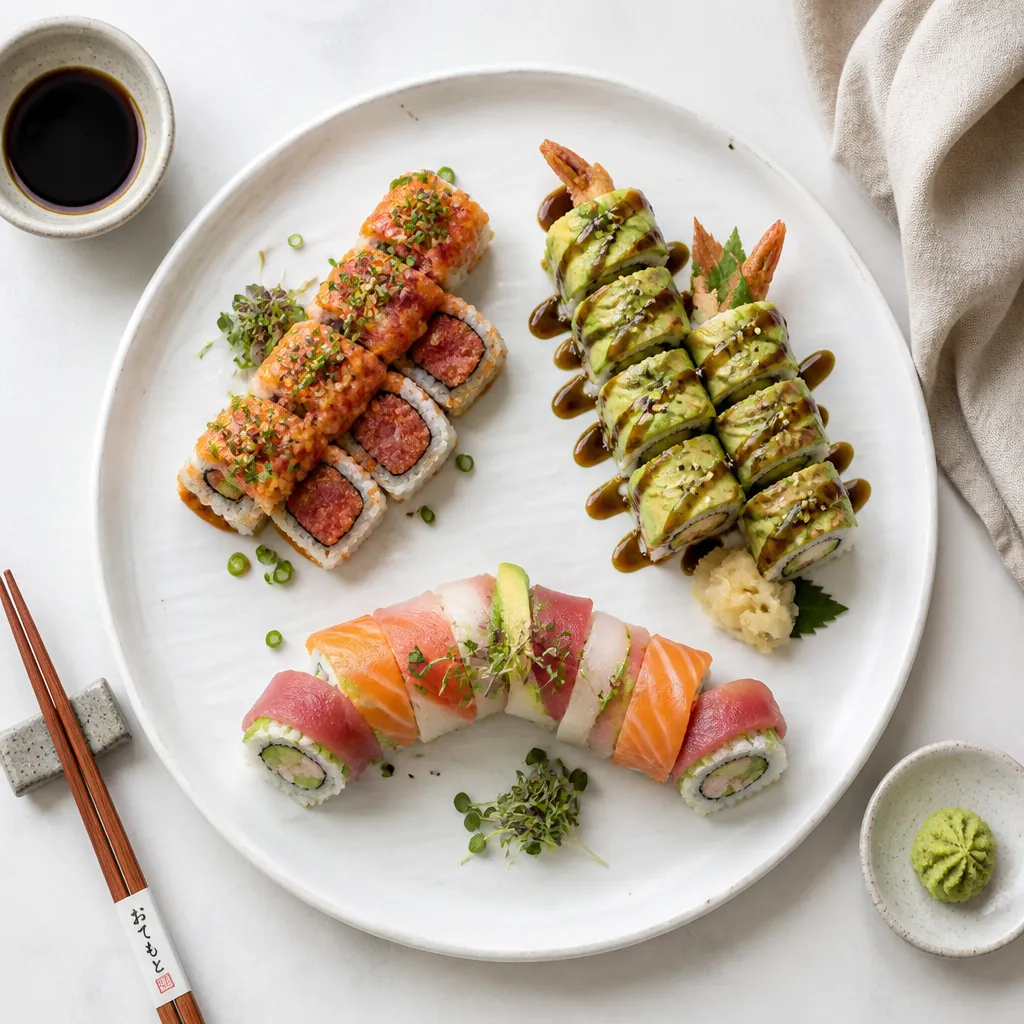 Three different sushi rolls arranged on a white plate with chopsticks and condiments
