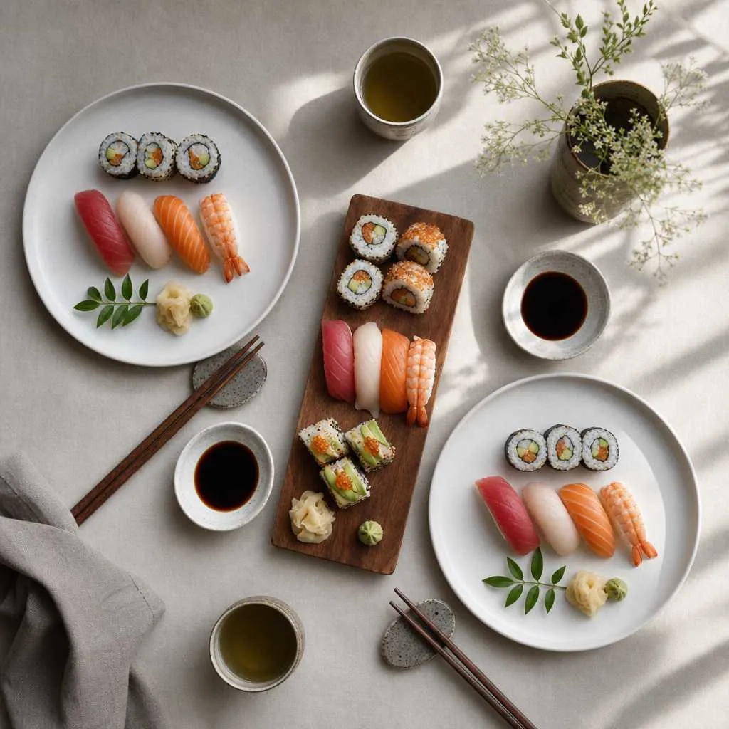 Overhead view of two minimalist place settings with arranged sushi nigiri and rolls, ceramic tableware, and chopsticks on a date night table
