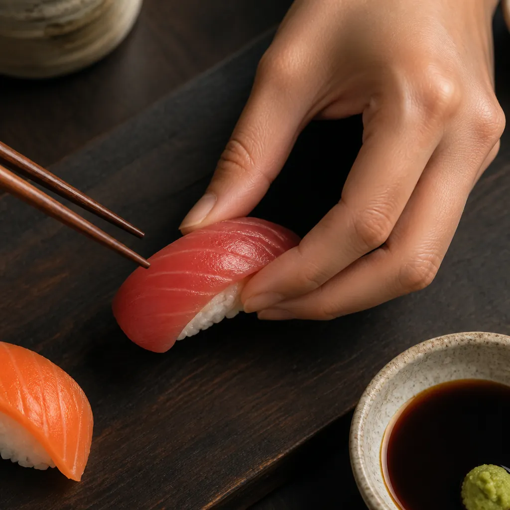 Hand properly holding nigiri sushi with chopsticks nearby on a wooden board