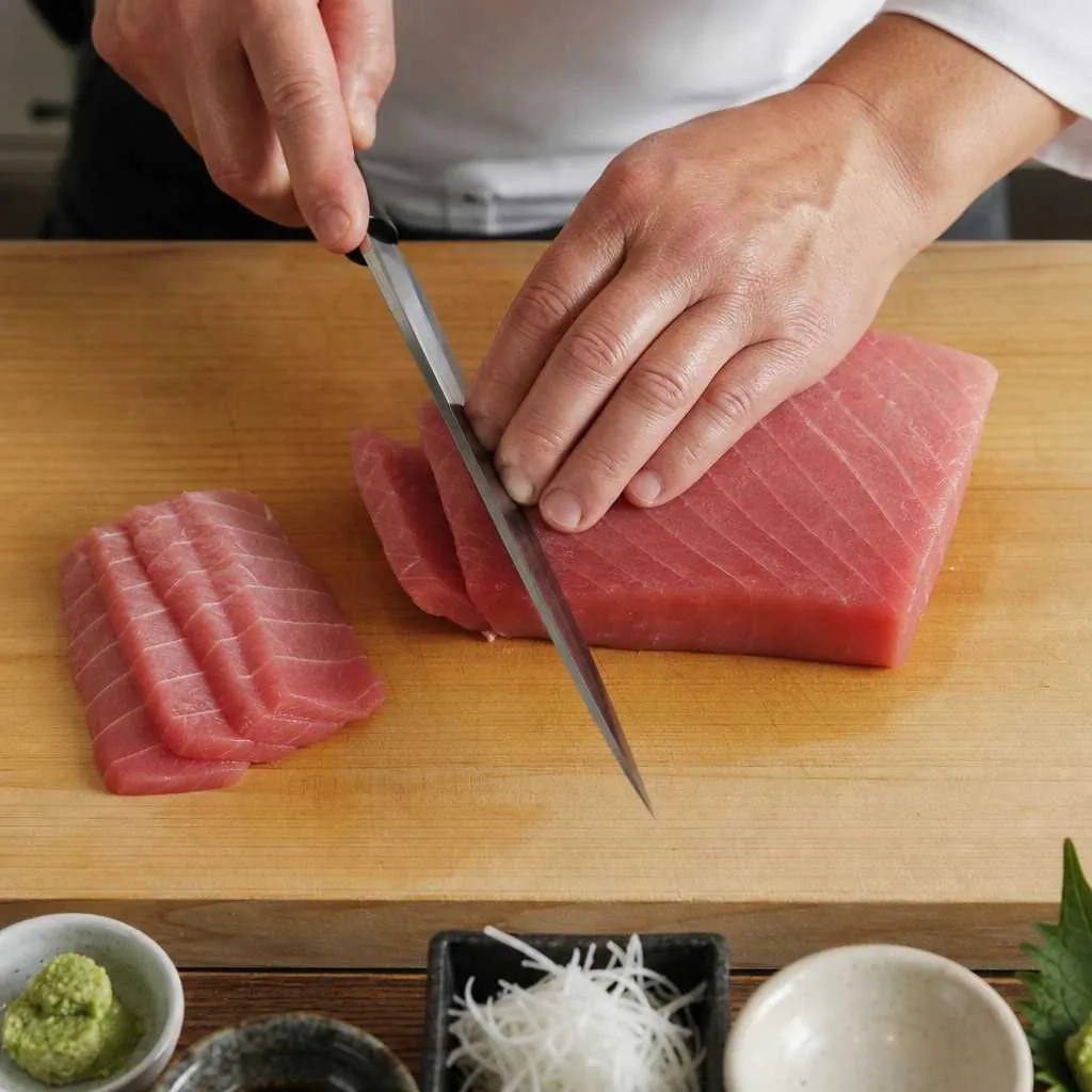Sushi chef carefully slicing raw fish with precise knife technique on wooden board