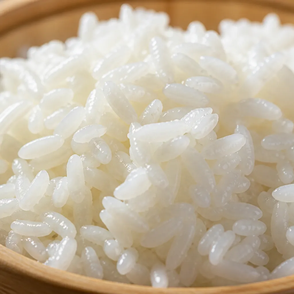 Close-up of glistening sushi rice grains showing texture and moisture