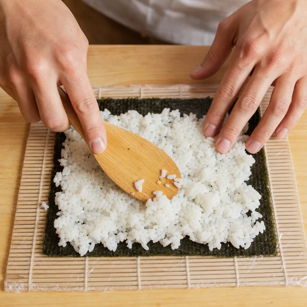 Sushi chef spreading rice on nori with precise hand technique